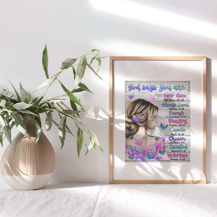 Inspirational Sayings Religious Art - Boho Farmhouse Decor - Christian Gifts for Women - Bible Verses spiritual Room Decor - God Quotes Wall Decor- Purple Blue Rustic Country God Says You Are Wall Art