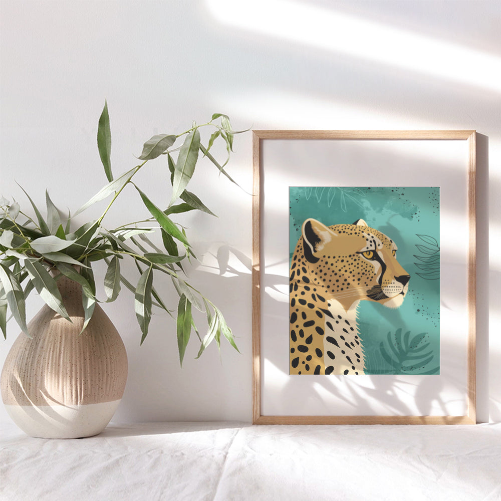 Cheetah Print Boho Wall Decor - Olive Green Bohemian Farmhouse Living Room Decor, Contemporary art - Minimalist Mid-century modern Botanical Wall Art for Women, Men - Big cat Bedroom Decorations