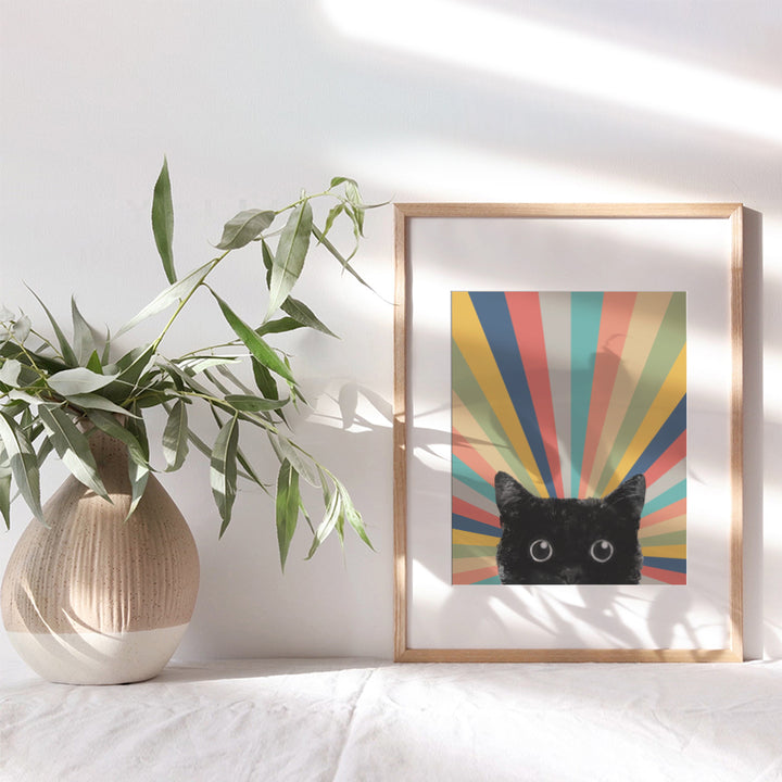 Cute Cat Wall Art Boho Wall Decor - Cat Wall Decor - Vintage Retro Black cat Stuff, Cat Mom, Cat Lover Gift - Cat Themed Gifts for Women - Cat Poster - Boho-chic Farmhouse Style Minimalist Room Decor