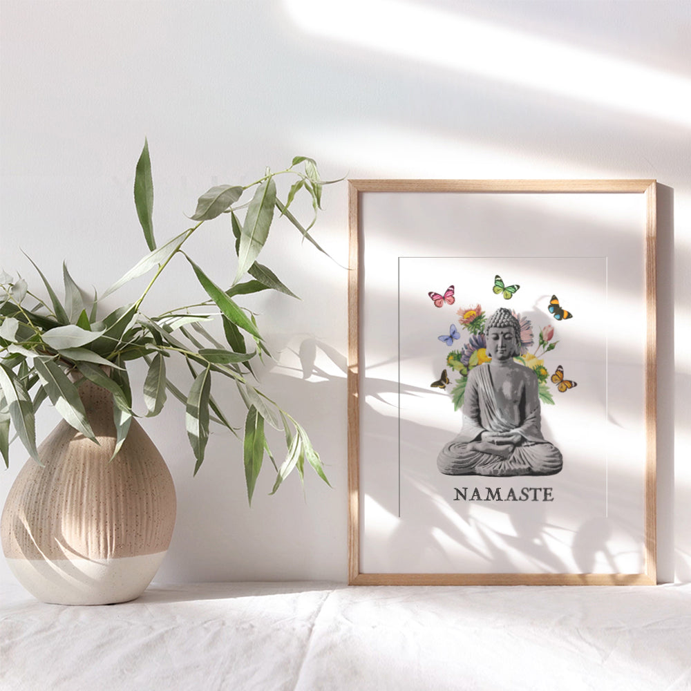 Namaste Buddhism Buddha Statue Wall Art Print - 8x10 Photo, Home Decor, Meditation Room, Spa or Yoga Studio Decoration - Boho Zen New Age Gift - Unframed Butterfly Poster Picture