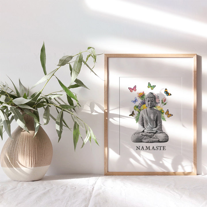 Namaste Buddhism Buddha Statue Wall Art Print - 8x10 Photo, Home Decor, Meditation Room, Spa or Yoga Studio Decoration - Boho Zen New Age Gift - Unframed Butterfly Poster Picture