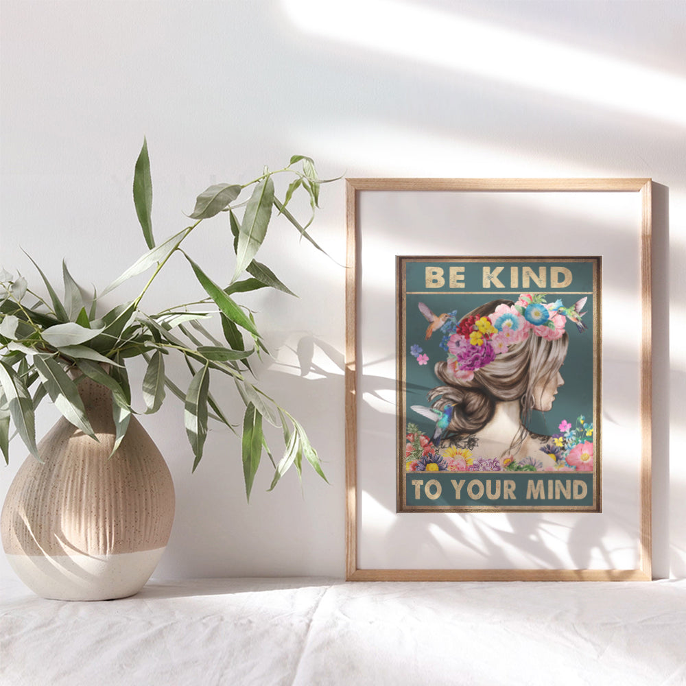 Boho Inspirational Quotes Wall Art - Zen Wall Decor - Positive Sayings for Women - Hummingbirds Mental health Wall Art Poster - Meditation Office Living room Bedroom Wall Art - Be Kind to Your Mind