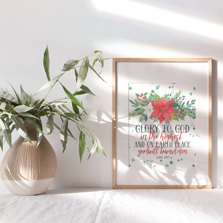 Religious Wall Decor, Christmas Decorations - Christian Scripture Bible Verse Wall Art - Red Poinsettia Holiday Decorations, Accessories or Gift - 8x10 UNFRAMED Picture