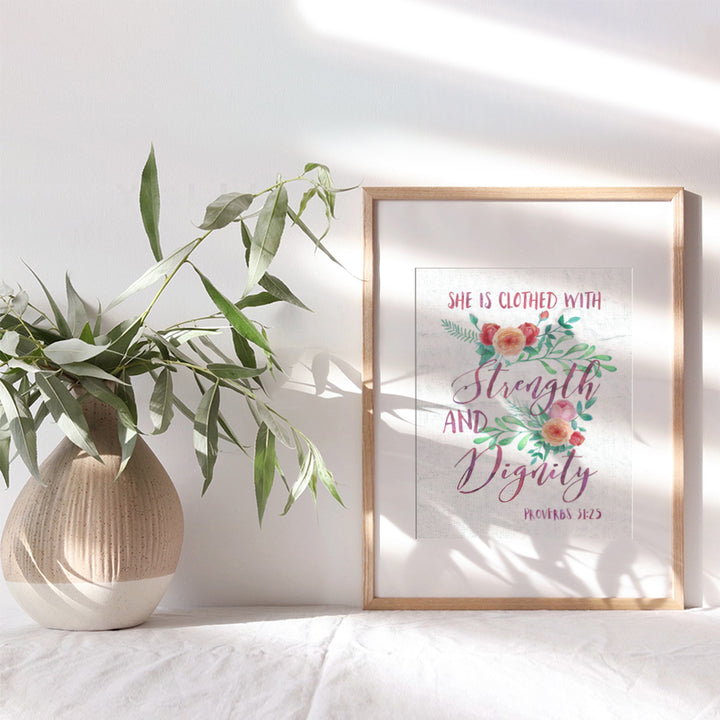 She is Clothed With Strength and Dignity - Christian Wall Decor - Proverbs 31 - Bible Verse Wall Art - Scripture Wall Decor - Inspirational Gift for Women, Girls - Religious Gifts - God Wall Decor