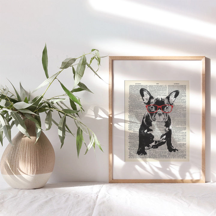 French Bulldog in Red Glasses - Dictionary Wall Art Print - 8X10 Photo Print - Cool Home Decor or Gift for Animal or Dog Lover, Veterinarian, Vet Office - Unframed Poster Picture