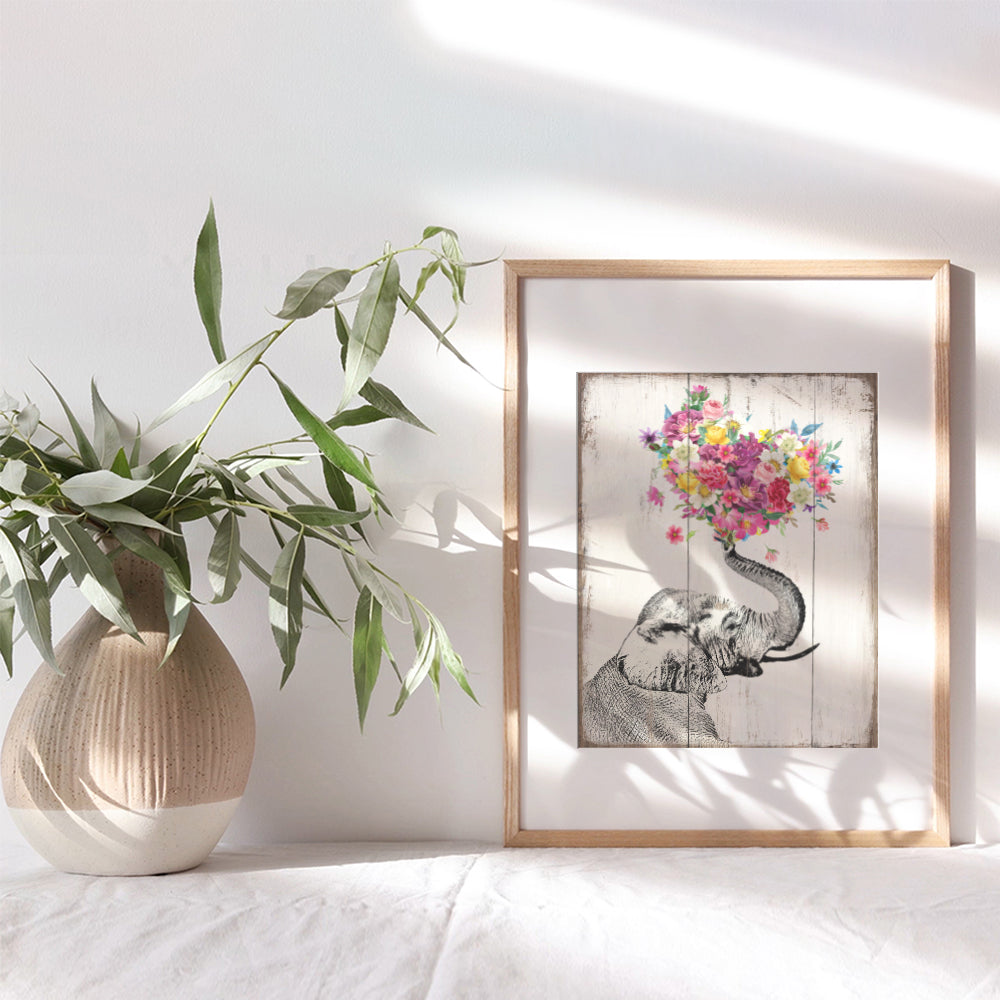 Elephant Floral Heart Boho Wall Art - Vintage Rustic Picture for Room Decor, Home Decoration, Bedroom, Bathroom, Apartment - Cute, Unique Romantic Gift for Women, Her, Wife - UNFRAMED Print