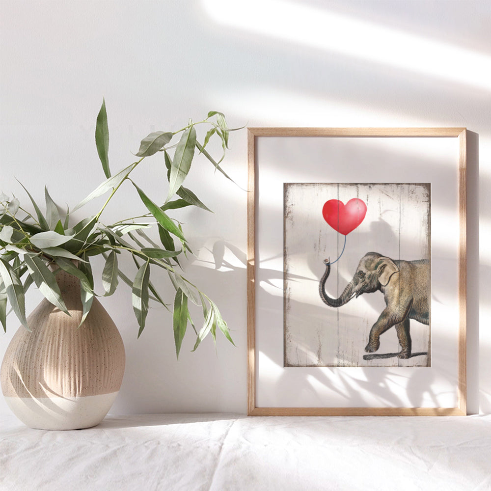 Elephant With Heart Balloon - Cute Unique Room or Home Decor for Women, Girls Room, Bedroom, Living Room - Rustic Vintage Sign Plaque Replica Wall Art Print - Romantic Gift - Unframed