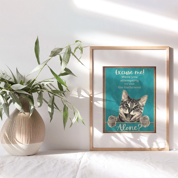 Funny Tabby Cat Bathroom Decor - Bathroom Wall Decor - Guest Bathroom - Restroom Sign - Bath Wall Decor - Blue Bathroom Decorations - Cat Gifts for Cat Lovers, Women, Girls - Powder Room Wall Art