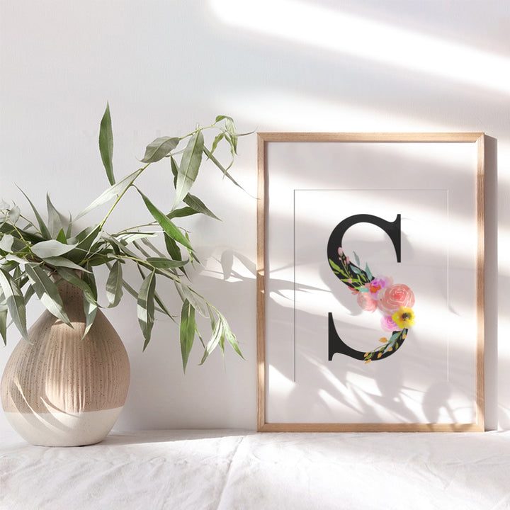 Letter S Initial Monogram Wall Decor - Floral Alphabet Art Home Decoration for Bedroom, Living Room, Bathroom, Office - Personalized Monogrammed Gift for Women, Girls, Teens - Pink Roses Sign