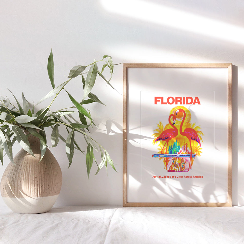 Florida Vintage Travel Poster Art Print, Wall Art Poster - Unique Home Decor for Beach House, Living Room, Kitchen, Office, Bedroom, Bathroom - Great Tropical Gift for Flamingo Lovers - 8x10 Photo