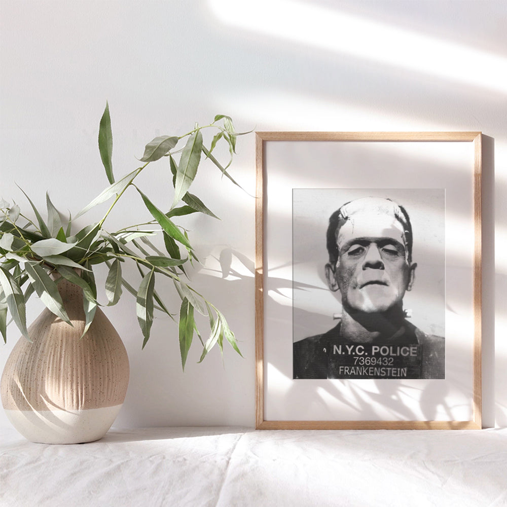 Yellowbird Art & Design Frankenstein Wall Art & Decor- New York Wall Decor - Horror Movies Wall Art - Home Theater Decor - Funny Frankenstein Mug shot Sign Poster - Goth Decor - Vintage Hollywood