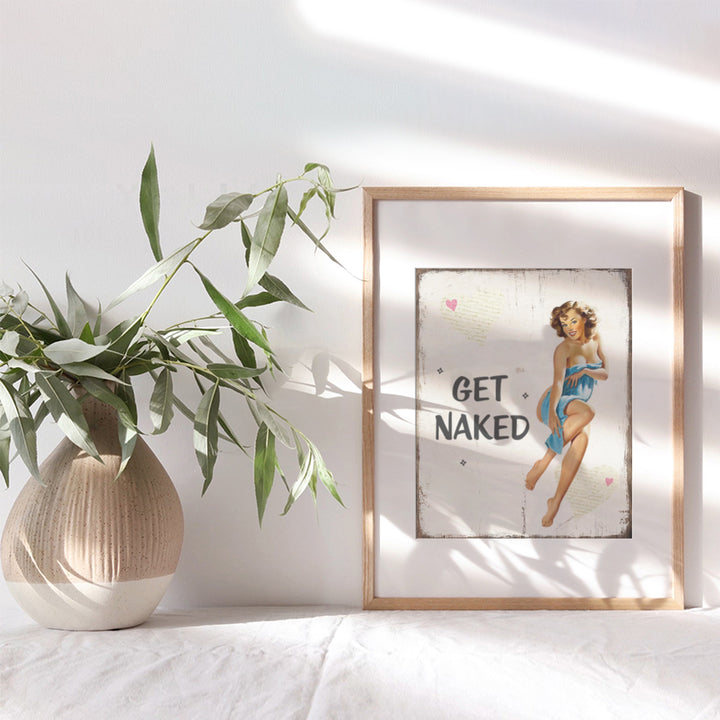 Rustic Get Naked Bathroom Wall Art Decor - Funny 1950s Vintage Plaque Photo - 8x10 Restroom Sign Poster Print for Powder Room, Bath - Cute Bathroom Decoration for Women - Blue Pinup Girl - Unframed