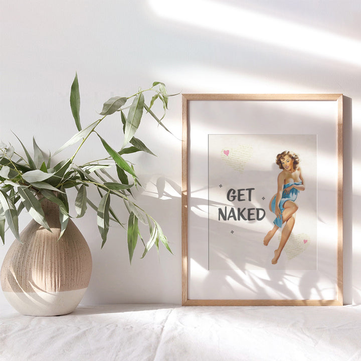 Vintage Get Naked Sign, 1950s Retro Pinup Girl Bathroom Wall Art Decor - Funny 8x10 Poster Print Gift for Powder Room, Guest Bath, Cute Bathroom Decoration for Women - Blue