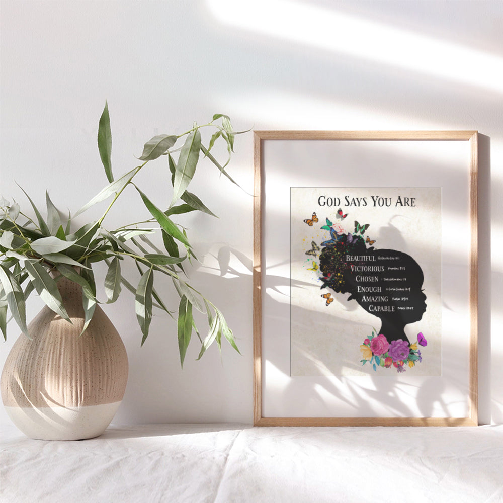 African American Girls Bedroom Wall Art & Decor - Black Art - Religious Christian Holy Scripture Bible Verses - God Says You Are - Spiritual Inspirational Positive Quotes - Uplifting Daughter Gifts