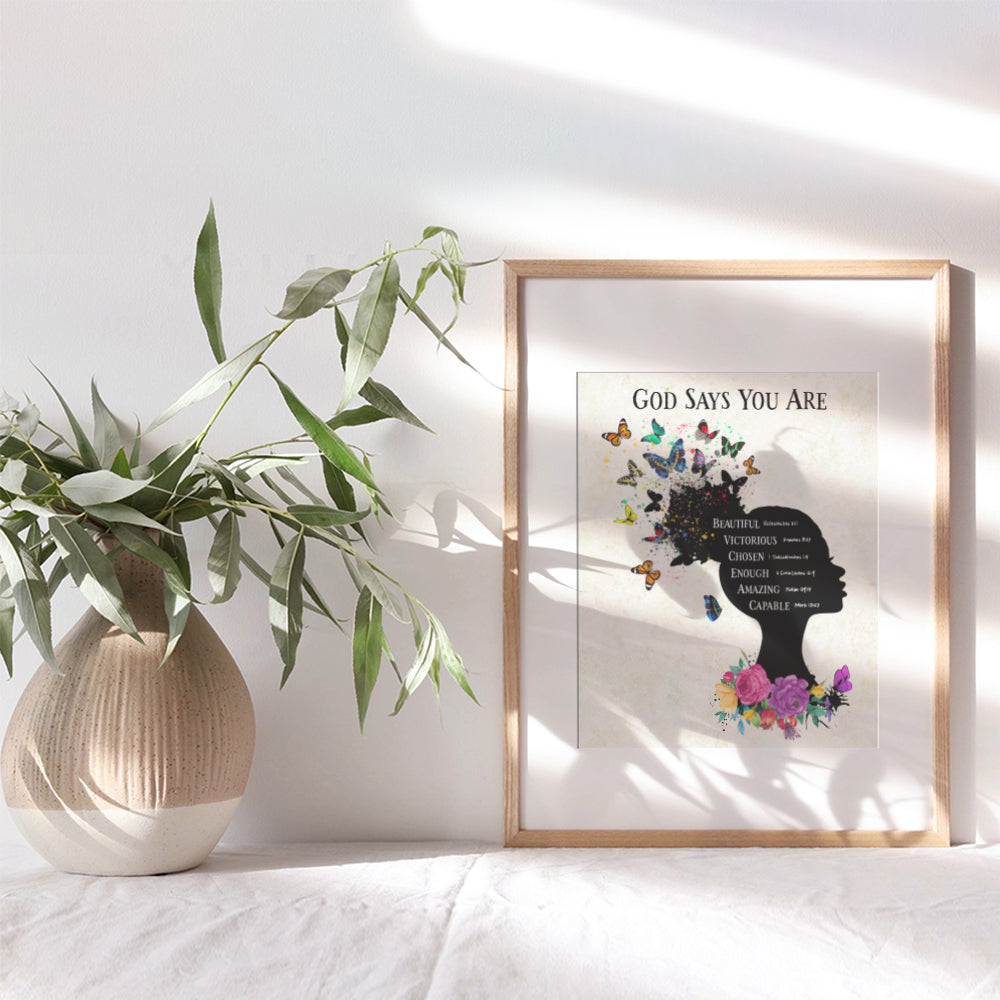 Religious Wall Art & Decor - African American Women, Girls - Christian Scripture Bible Verses - God Says You Are Inspirational Positive Quotes - Uplifting Encouragement Gifts - Afro Black Art