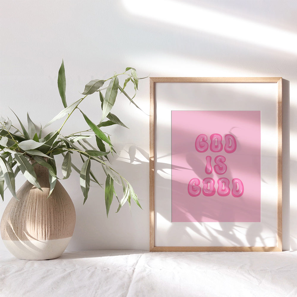 Pink Preppy Christian Wall Decor - God is Good Aesthetic Wall Decor for Women, Woman, Teen Girls - Vintage Retro Religious Gifts - Funky Chic Home Decor Trendy Stuff - 70s Cute Bedroom God Wall Decor