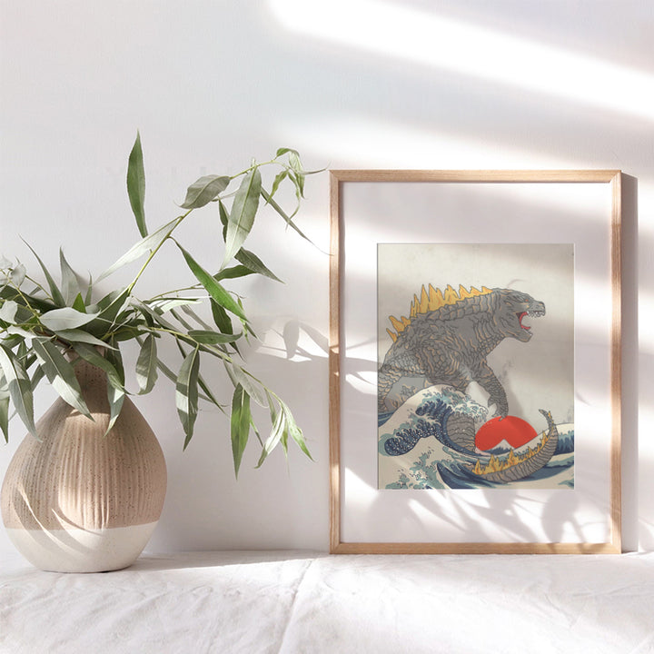 Great Wave Off Kanagawa - Godzilla Poster, Monster Movie Wall Decor, Art Print - Gift for Vintage Hollywood Horror Movie Fans - Boys Room, Teen Room Decor - 8x10 UNFRAMED Picture Print