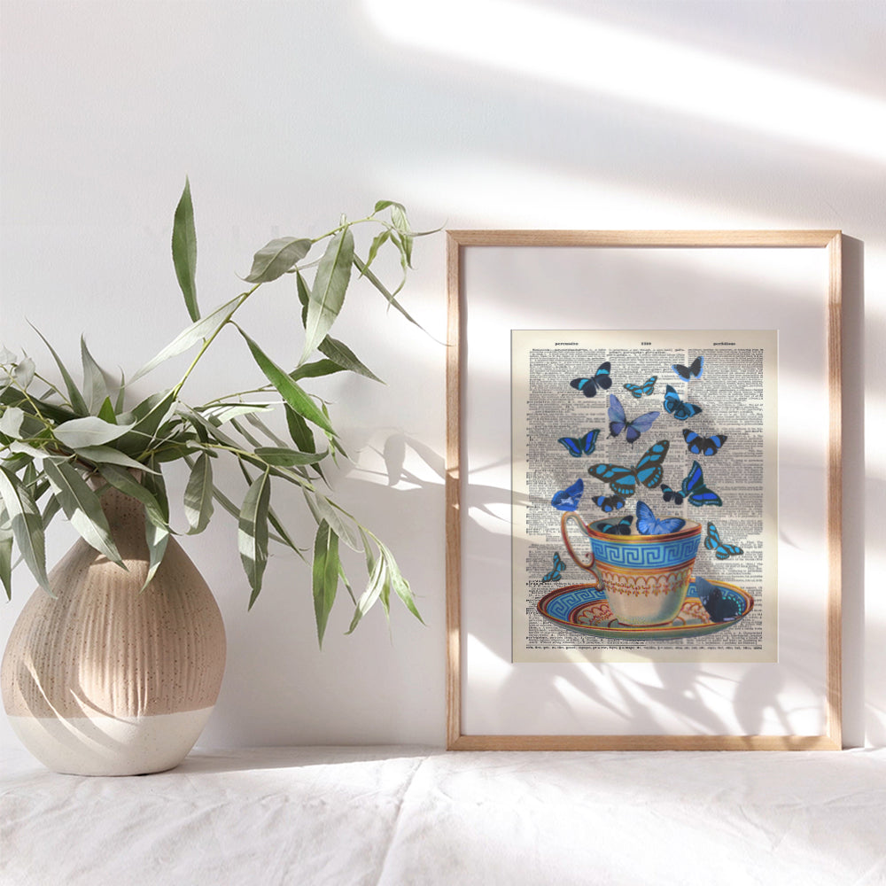 Greek Teacup and Butterflies On Photo of Dictionary Page - Unframed Wall Art Print - Perfect Easy Gift and Great For Home Decor - Ready to Frame (8x10) Photo