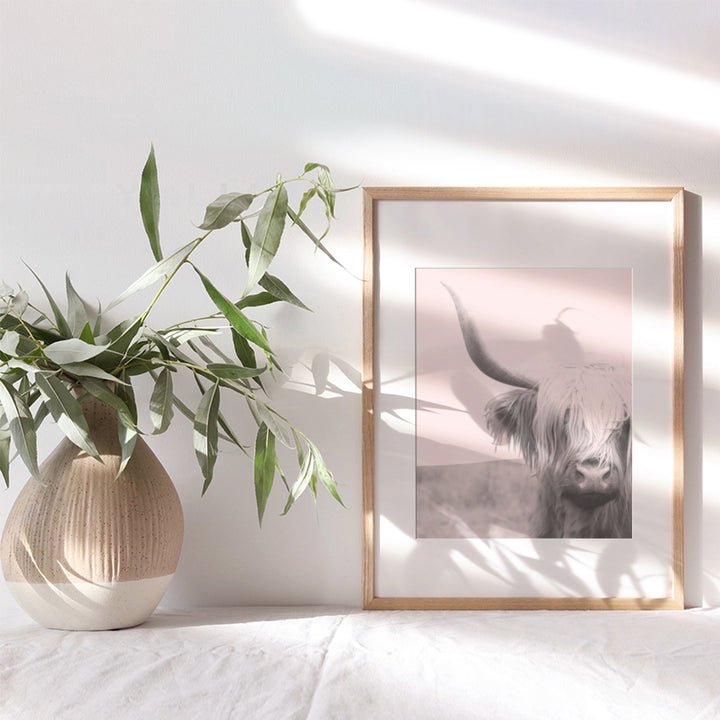 Highland Cow Decorations - Boho Farmhouse Cow Gift for Women - Cow Wall Decor for Bedroom, Living Room, Home, Kitchen, Bathroom, Apartment, Office - Cute Scottish Cow Wall Art - Pink Photo Picture