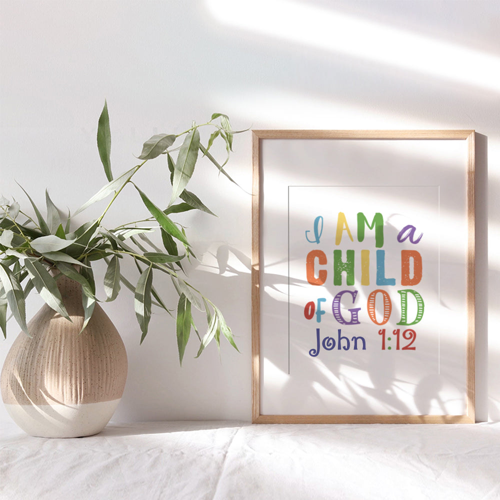 Childrens Bible Verse Wall Art, Religious Wall Decor - Child of God, John 1:12 - Scripture Wall Decor for Kids Bedroom, Girls, Boys Room - Christian Gifts - Unframed 8x10 Inspirational Poster Print