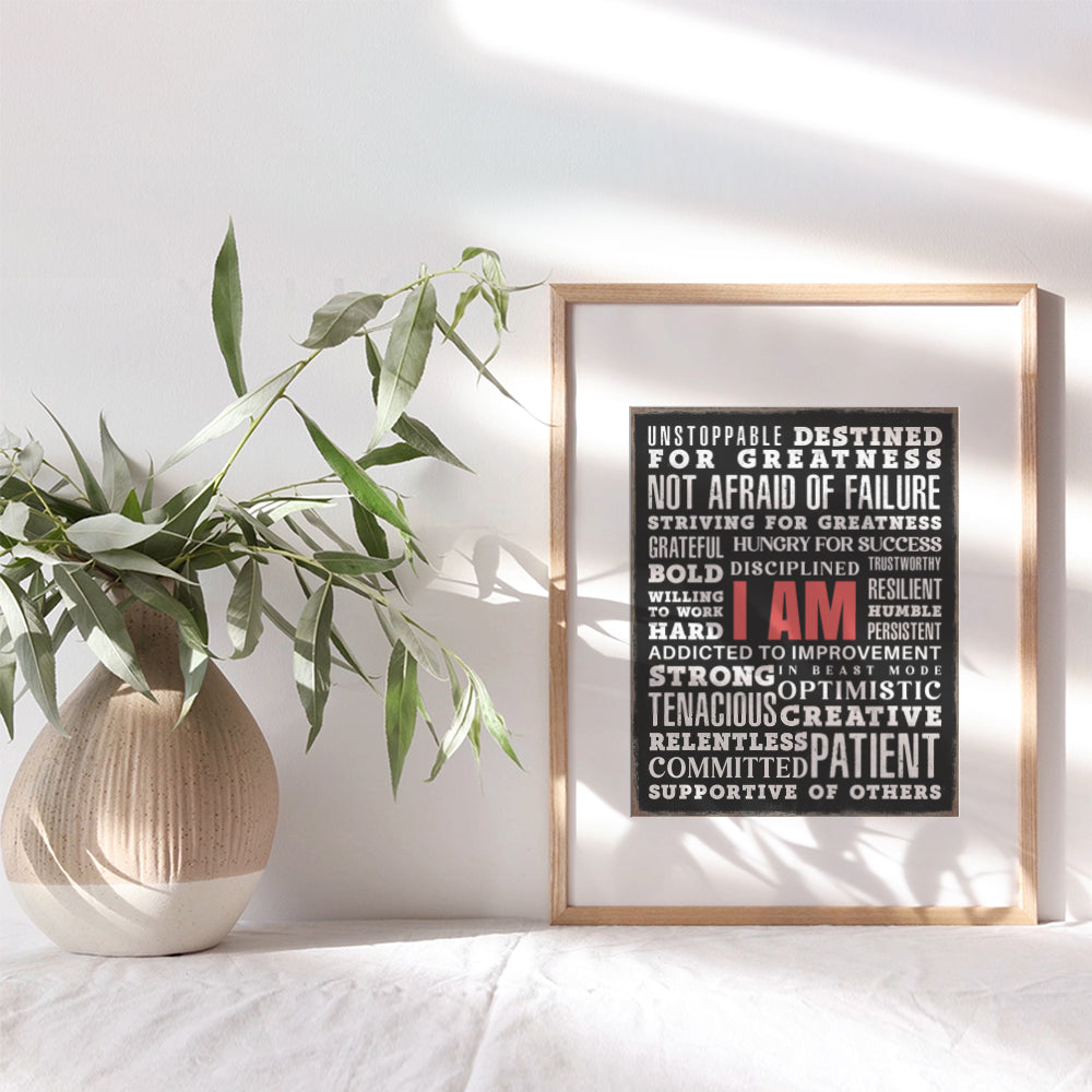 I Am Motivational Wall Art - positive Affirmations Man cave Wall Decor - Inspirational Quotes Wall Decor for Men - Home Office Encouraging Gifts - Workplace Success Wall Art - Inspiring Wall Art