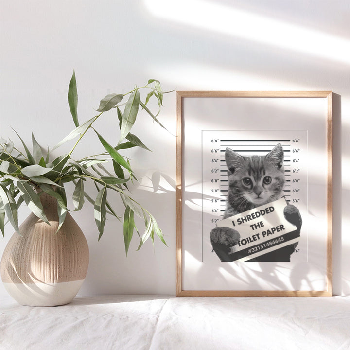 Funny Cat Bathroom Wall Art Decor - 8x10 Humorous Mugshot Home Decoration Poster for Restroom, Guest Bath, Powder Room - Gag Gift for Cat Lovers - Cute Picture Photo Print