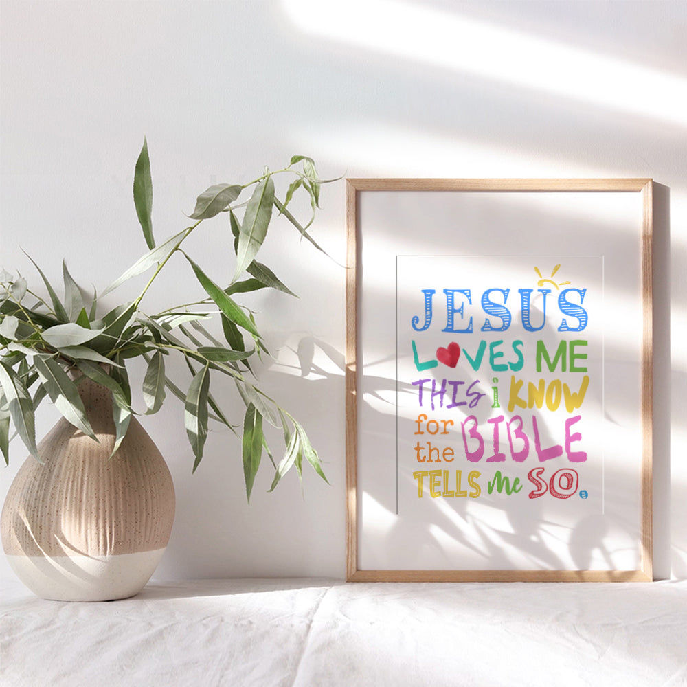 Religious Christian Kids Room Decor for Girls, Boys, Toddler Bedroom - Cute Baby Shower Gift - Jesus Loves Me Bible Verse Wall Art Print - 8x10 Poster Picture