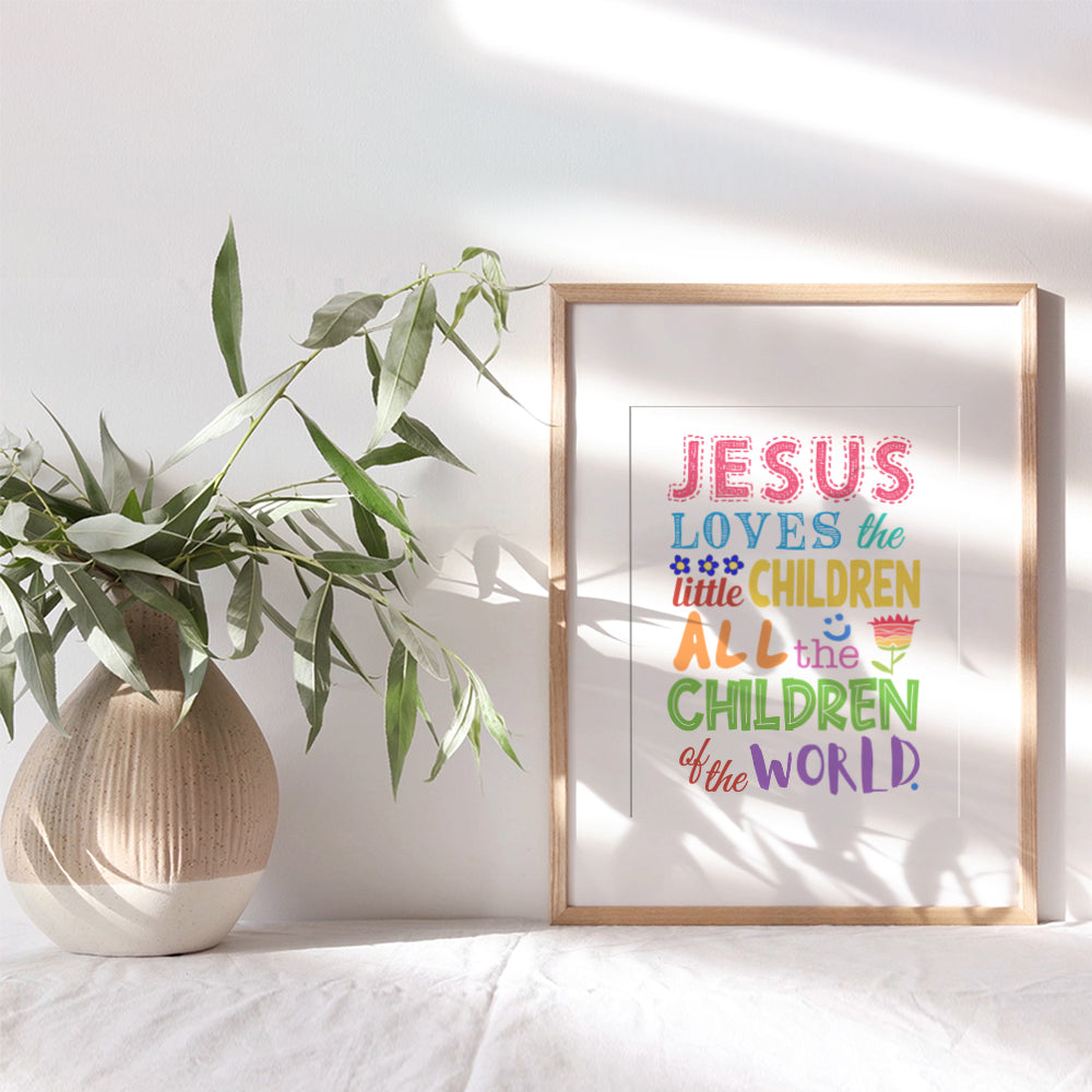 Girls, Boys, Kids Bedroom Decor - Religious Christian Wall Art, Room Decoration - Cute Baby Shower Gift - Jesus Loves the Little Children Bible Verse Wall Art Print - 8x10 Poster Picture