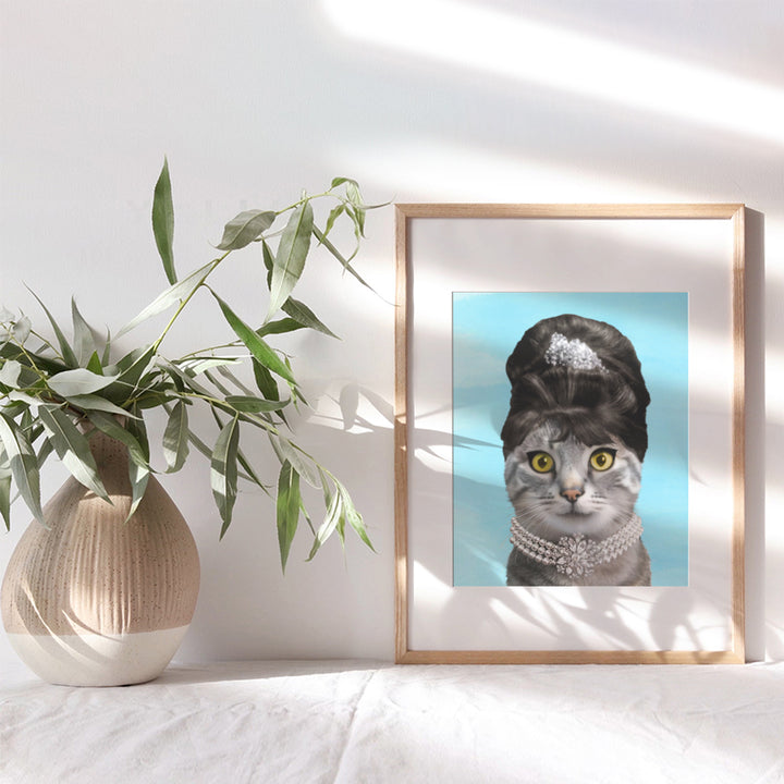 Audrey Hepburn Wall Art - Cat Lover Gifts for Women, Girls - Cat Wall Art - Cute Cat Wall Decor - Cat Poster 8x10 - Classic Movies - Kitty Cat Decorations - Cat Home Decor - Blue - Unframed