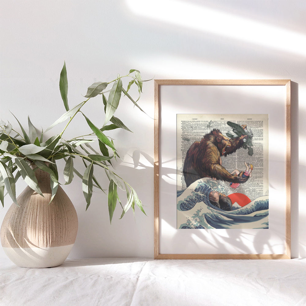 King Kong - Great Wave Off Kanagawa Poster - 8x10 Scary Monster Movie Wall Art Print - Gift for Vintage Hollywood Horror Movie Fans - Boys Bedroom, Teen Room Wall Decor - UNFRAMED Picture Print