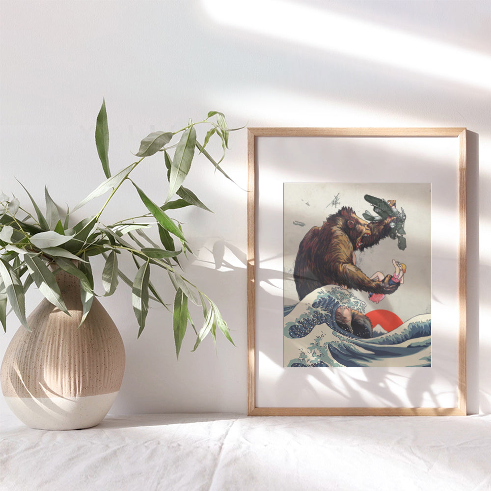 King Kong Poster - Great Wave Off Kanagawa - Gift for Vintage Hollywood Horror Movie Fans - Monster Movie Wall Decor, Art Print - Boys Room, Teen Room Decor - 8x10 UNFRAMED Picture Print