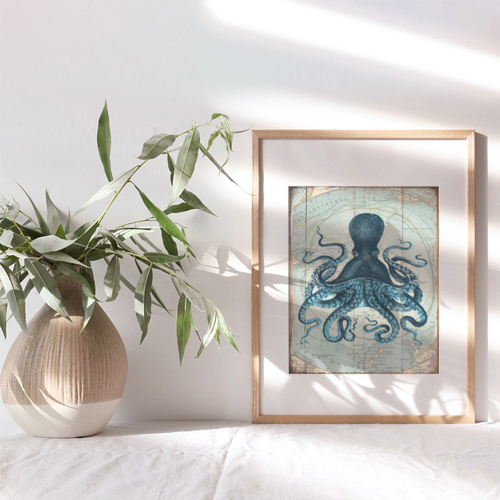 Retro Style Nautical Home, Office, Apartment or Wall Decor Picture - Vintage Octopus Photo Print is Great Gift or Decoration for Bathroom, Beach or Ocean House - 8x10 Art Poster