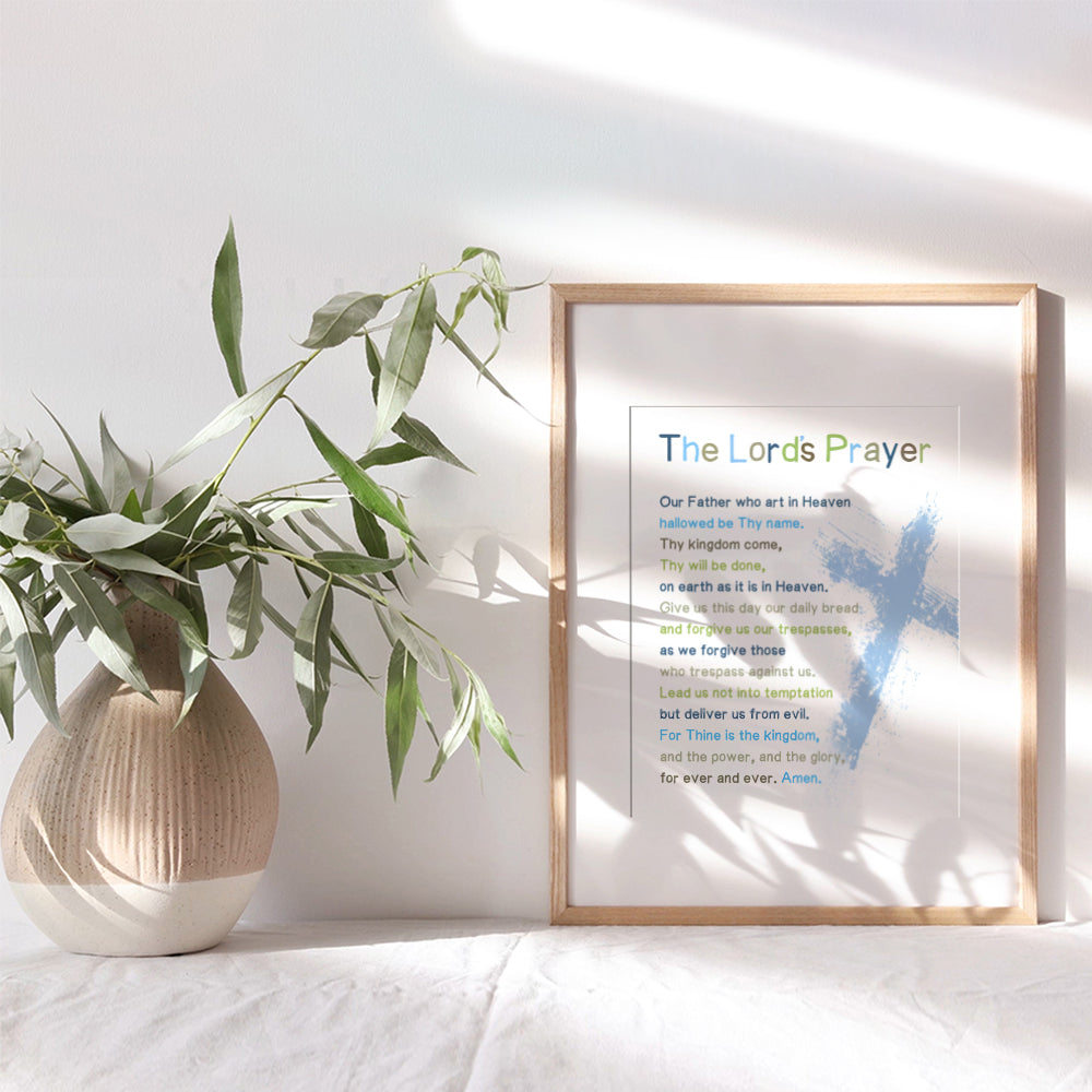 Lords Prayer Bible Verse Wall Art - Religious Scripture Boys Room Decor - Christian Gifts for Toddler or Baby Boys Bedroom, Son - Blessed Church Sunday School Kids Decorations - Cross Picture Poster