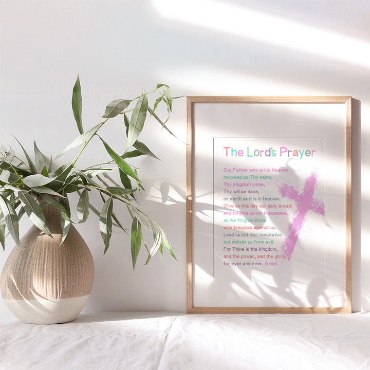 Lords Prayer Bible Verse Wall Art - Religious Scripture Girls Bedroom Decor - Christian Daughter Gifts for Toddler, Baby Girls Room - Blessed Church Sunday School Kids Decorations - Pink Cross Poster