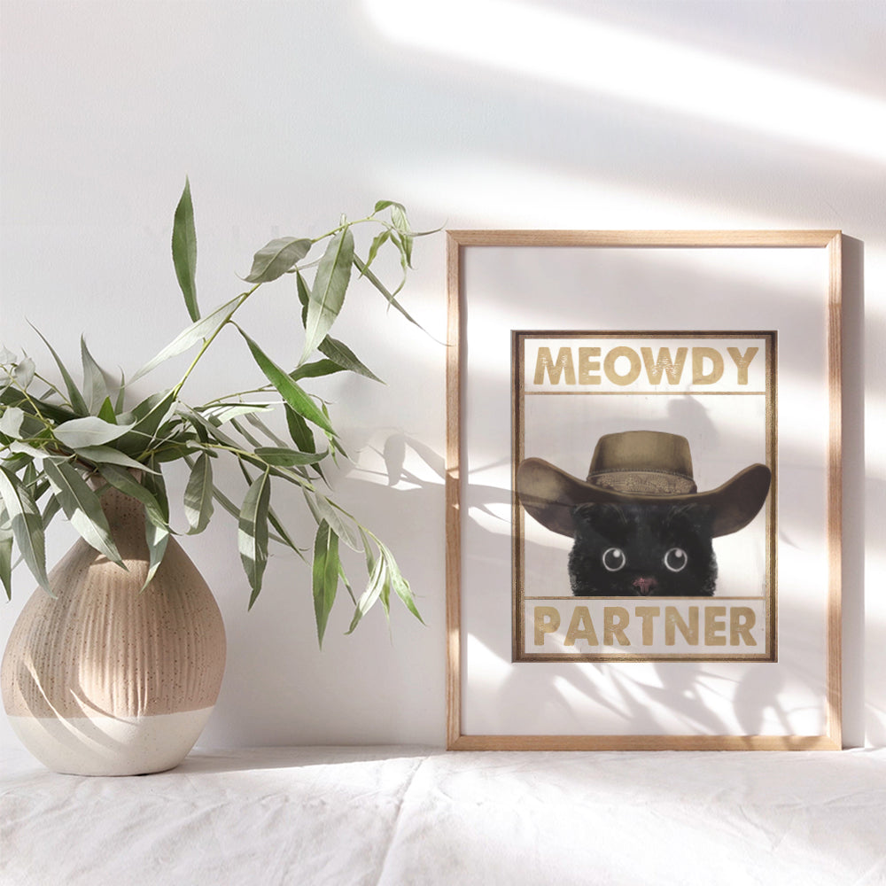 Cute Cat Country Home Decor - Meowdy Cat Wall Decor - funny Cat Wall Art - Western Wall Decor - Cat Gifts for Women - Cat Themed Poster - Cat Dad - Rustic Farmhouse Decorations - Cat Stuff for Men