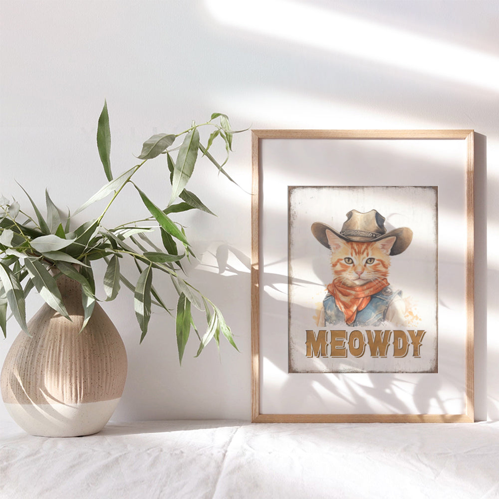 Cute Cat Wall Decor - Meowdy Western Wall Decor - Rustic Country Decor - Funny Cat Themed Wall Art Poster - Boho Farmhouse Home Decor - Cowgirl Cat Stuff - Little Girls Bedroom Decor Sign - Cat Gifts