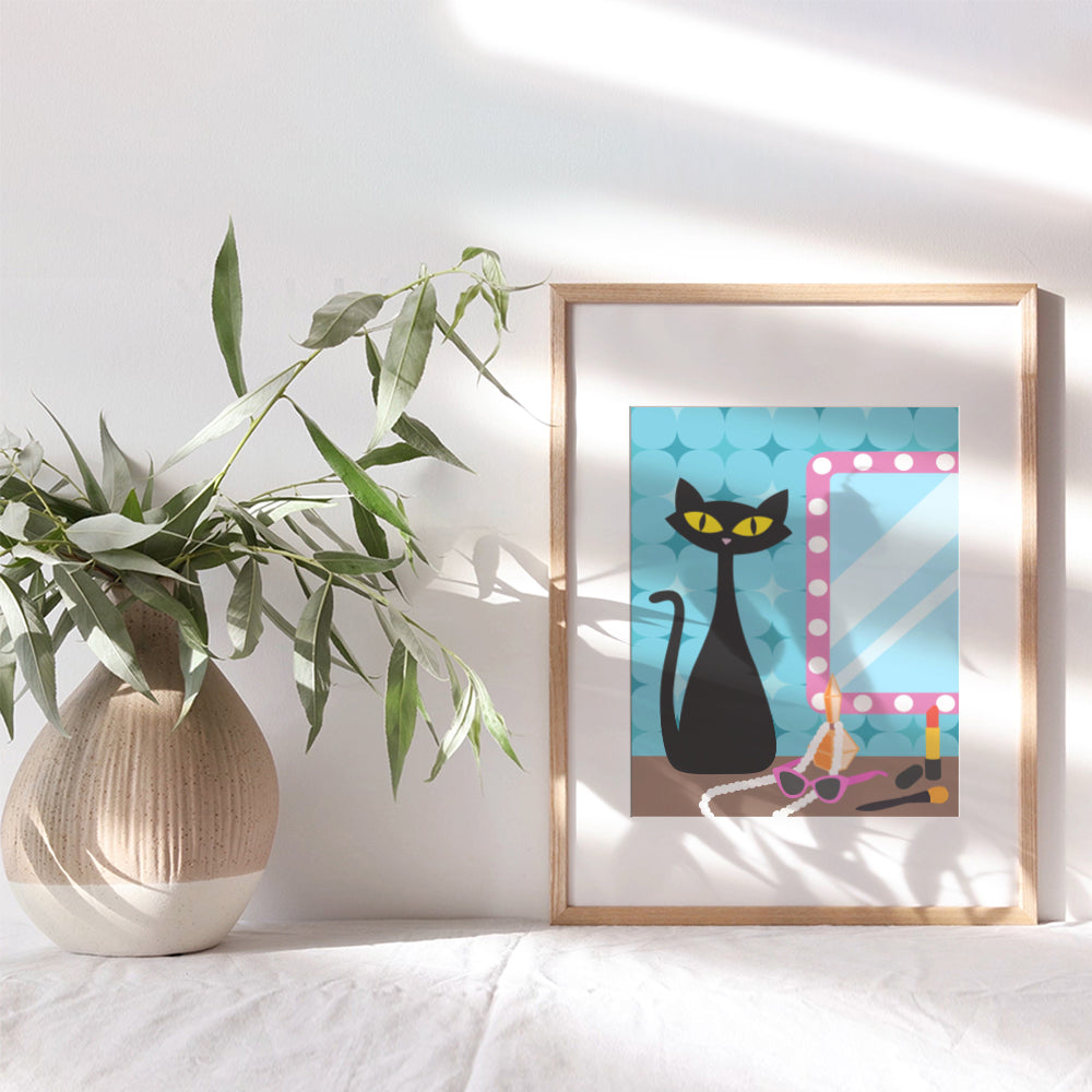 Mid Century Cat Wall Decor - Cute Cat Gifts for Women, Woman, Cat Mom, Girl - Cat Stuff Blue Bathroom Decor - Minimalist Cat Wall Art - Modern Bathroom Wall Decor for Women - Black cat Lover Gifts