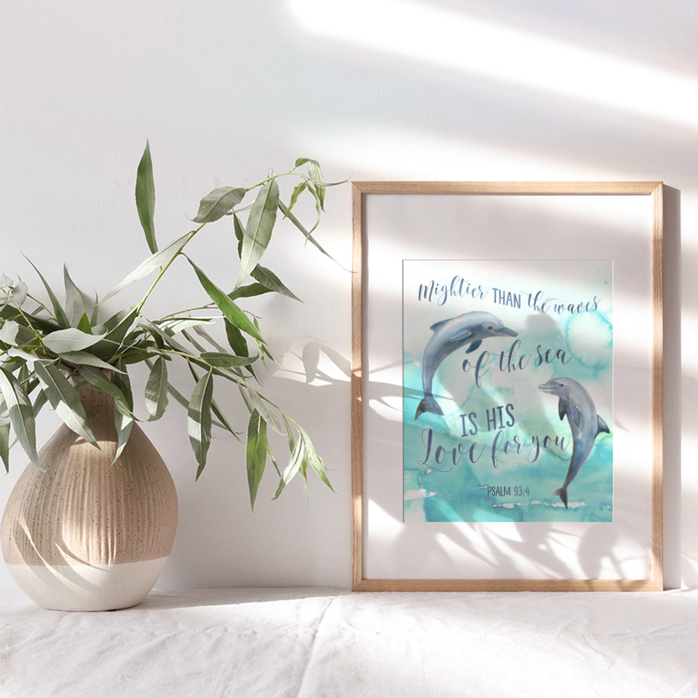 Mightier Than the Waves Dolphins Wall Decor - Religious Bible Verse Wall Art - Christian Scripture Decoration for Bedroom, Bathroom, Living Room, Church - Nautical Beach House Ocean Poster -8x10 Blue