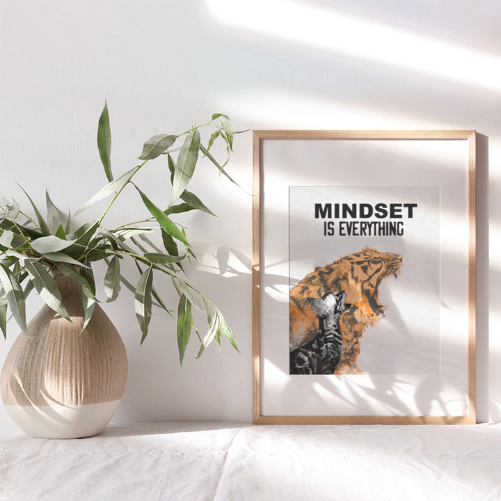 Motivational Wall Art Poster - Home, Office Decor - Gift for Entrepreneur, Student, Men, Teens - Positive Uplifting Inspirational Self-Improvement Quote w/Tiger, Cat, Kitten - Mindset is Everything