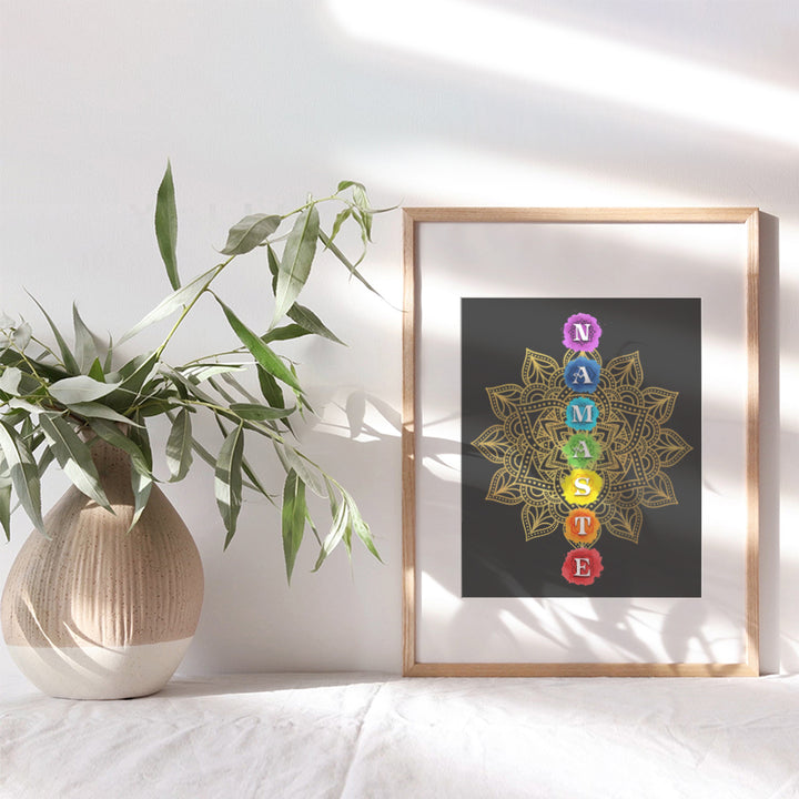 Chakras Namaste Lotus Flower Mandala Wall Decor - Zen Buddhism Art for Spa Room Decor, Bedroom, Bathroom - Meditation Gifts for New Age Women, Buddhist - Gold Black Yoga Poster Print