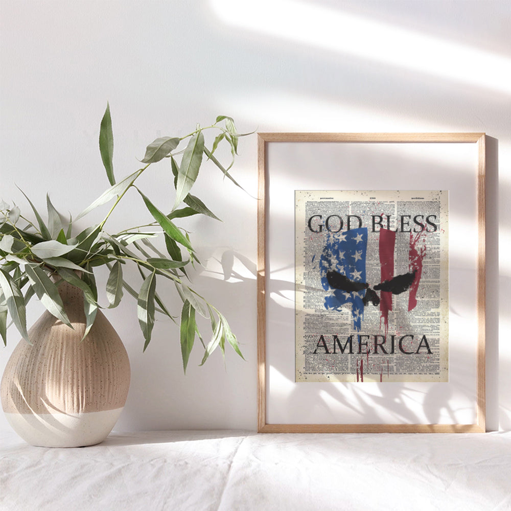 Patriotic American Flag Punisher Dictionary Art Print - Vintage Upcycled God Bless America Wall Art Poster- Great Home or Office Decor - Gift for Military Veterans, Vets, 4th of July - 8x10