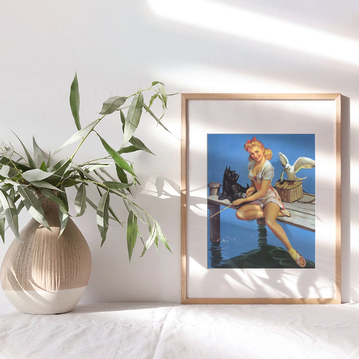 Vintage Fishing Fish Wall Decor - 1950s Retro Pinup Girl with Fishing Pole Wall Art for Beach or Lake House, Man Cave, Bar - Gift for Freshwater or Saltwater, Bass or Trout Fisherman, Men