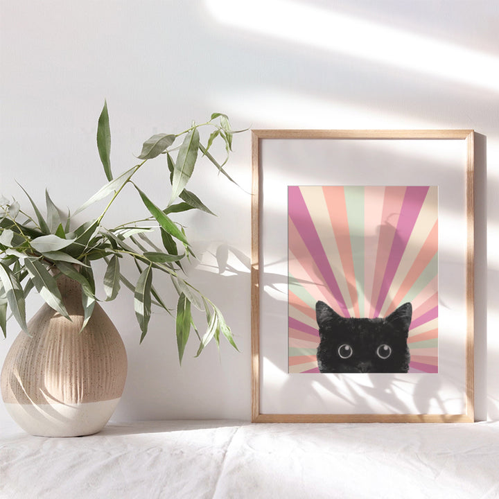 Mid Century Cat Boho Decor - Cute Cat Wall Decor - Pink Boho Wall Art Minimalist Room Decor - Vintage Retro Black cat Stuff, Cat Mom, Cat Lover Cat Themed Gifts for Women - Boho-chic Decor Cat Poster