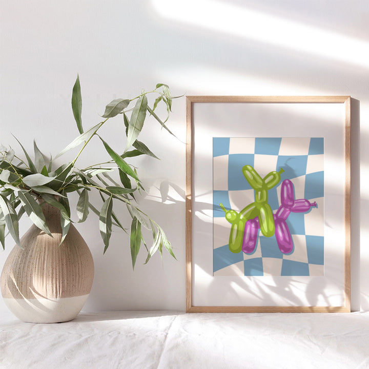 Mid-century modern Pop art - Cute Purple Lime Green Blue funny Wall Decor -College Dorm Room Decor - Funky Balloon Dog Bedroom, Living room small Apartment Wall Art - Aesthetic Room Decor Poster 8x10