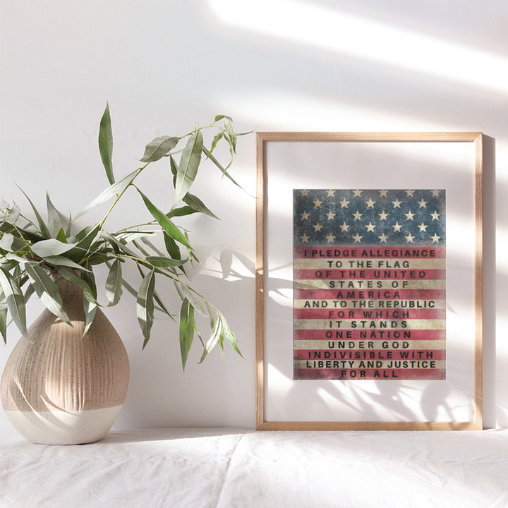 Patriotic American Flag Pledge of Allegiance Wall Art Print - Vintage Farmhouse Retro Home Decor - Great Gift for Military Veterans and 4th of July - Unframed 8x10 Photo