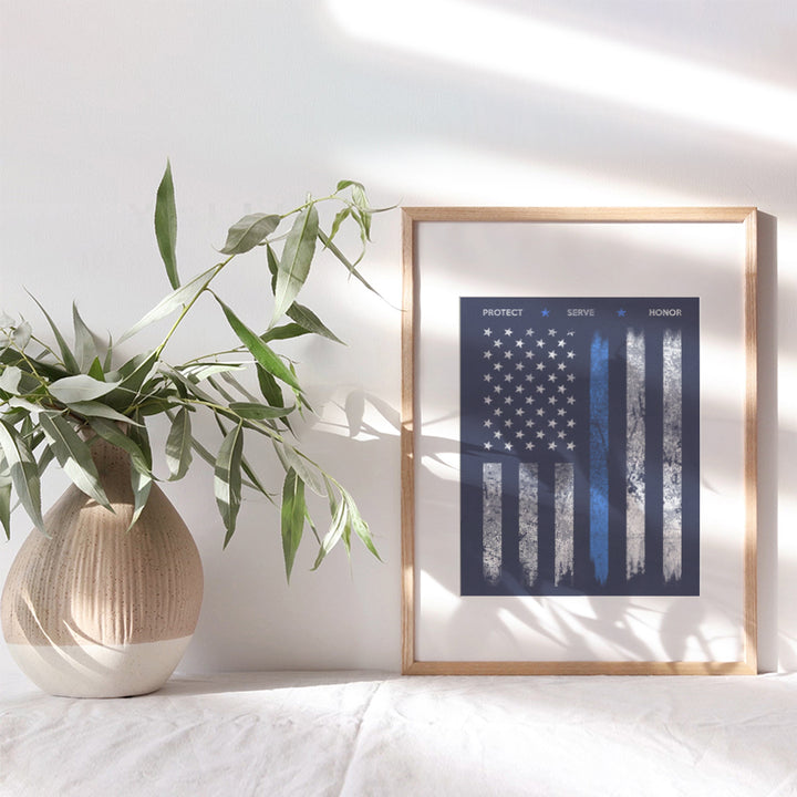 Police Flag Art Print - Rustic Wall Art Poster - Chic Home Decor for Office, Man Cave, Station, Gift for Police Officer, First Responder - 8x10 Photo Unframed