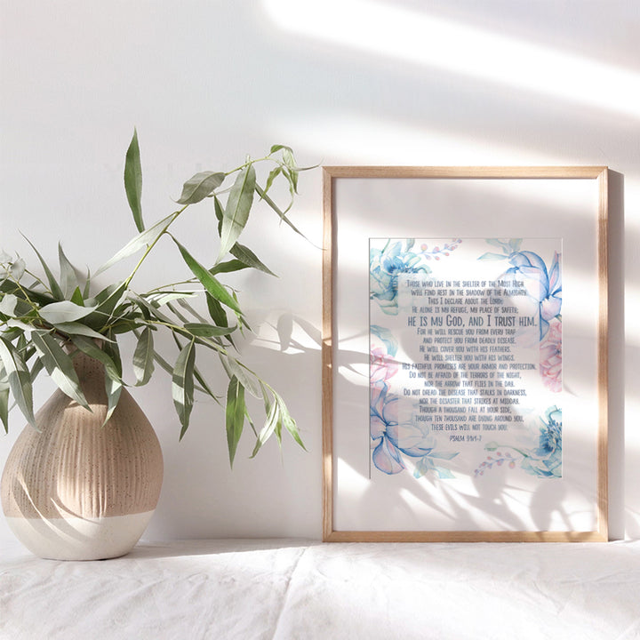 Psalm 91 - Scripture Wall Art - Psalms Bible Verse Wall Art - Church Decorations - God Wall Decor - Catholic Wall Decor - Christian Gifts for Women - Floral Religious Wall Decor