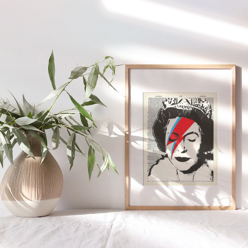 Banksy Queen Elizabeth Wall Art Poster - 8x10 Graffiti Art Print - Dictionary Art - Unique Gift for Urban Street Art Fans - Cool Room Decor for David Bowie Ziggy Stardust, British Royalty Fans