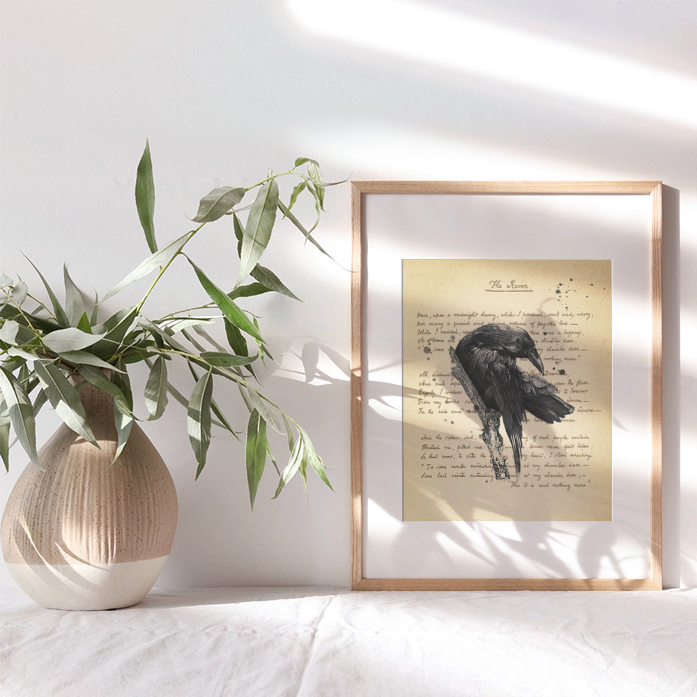 The Raven - Edgar Allan Poe Vintage Wall Art Decor Set - Rustic Retro Home, Apartment or Office Decoration Picture for Living Room, Bedroom - Gift for Goth and Steampunk Fans