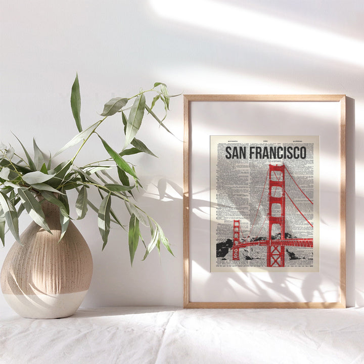 San Francisco Golden Gate Bridge Dictionary Wall Art - 8x10 Upcycled Photo, Home Decor, Room Decoration Poster Print - Cool Unique Gift for California, CA Fans - Unframed Picture